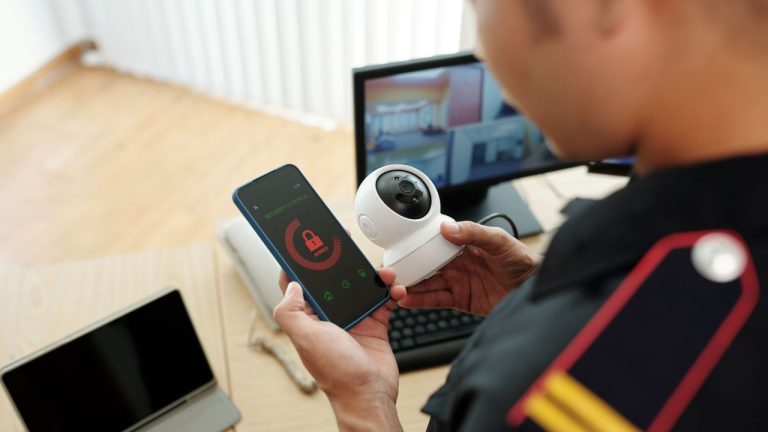 Advanced video surveillance camera monitoring a business entrance